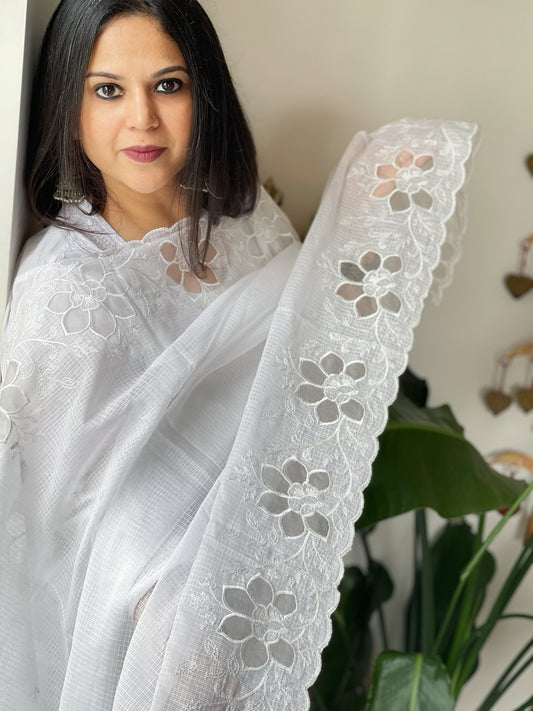 White Kota Cotton Dupatta with Cut Work
