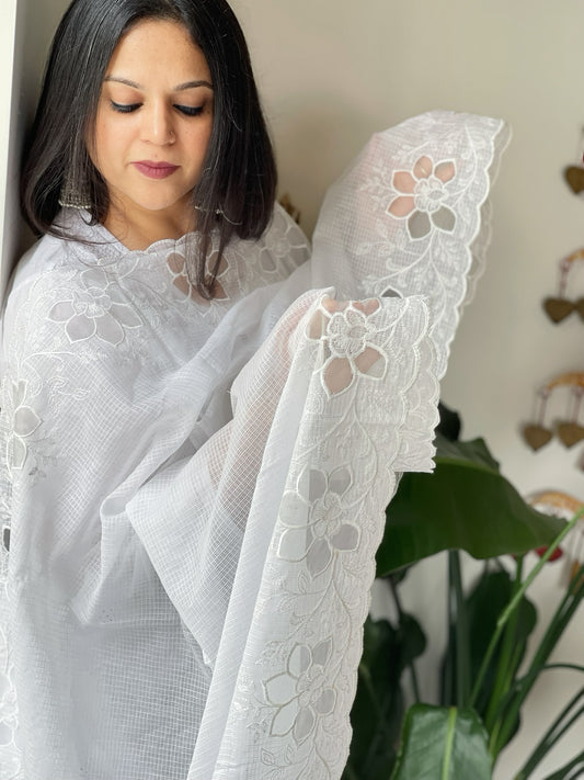 White Kota Cotton Dupatta with Cut Work