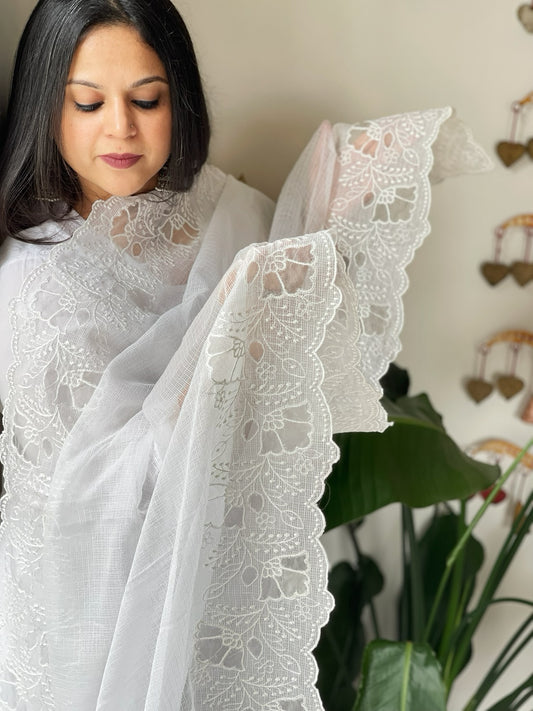 White Kota Cotton Dupatta with Cut Work