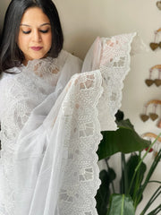 White Kota Cotton Dupatta with Cut Work