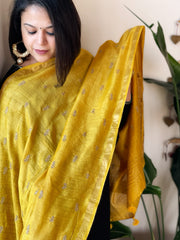 Yellow Handwoven Muga Silk dupattas with Thread Embroidery