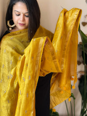 Yellow Handwoven Muga Silk dupattas with Thread Embroidery