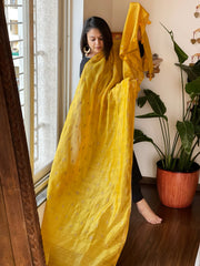 Yellow Handwoven Muga Silk dupattas with Thread Embroidery