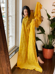 Yellow Handwoven Muga Silk dupattas with Thread Embroidery