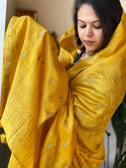 Yellow Handwoven Muga Silk dupattas with Thread Embroidery