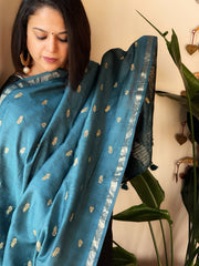 Teal Handwoven Muga Silk dupattas with Thread Embroidery