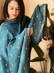 Teal Handwoven Muga Silk dupattas with Thread Embroidery