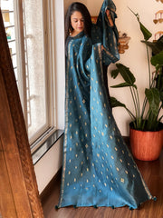 Teal Handwoven Muga Silk dupattas with Thread Embroidery