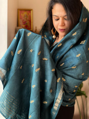 Teal Handwoven Muga Silk dupattas with Thread Embroidery