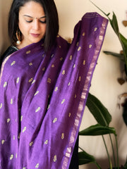 Purple Handwoven Muga Silk dupattas with Thread Embroidery