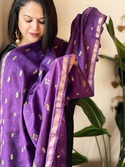 Purple Handwoven Muga Silk dupattas with Thread Embroidery