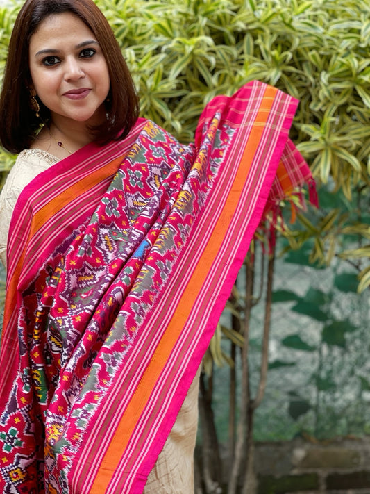 Pink Handwoven Ikat Dupatta in Pure Silk