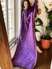 Purple Handwoven Muga Silk dupattas with Thread Embroidery