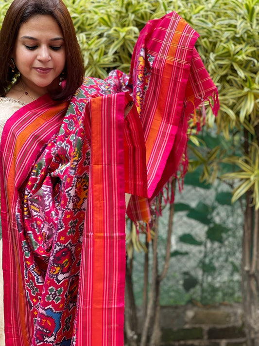 Pink Handwoven Ikat Dupatta in Pure Silk