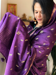 Purple Handwoven Muga Silk dupattas with Thread Embroidery