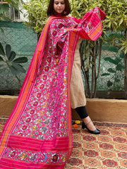 Pink Handwoven Ikat Dupatta in Pure Silk