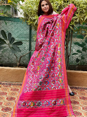 Pink Handwoven Ikat Dupatta in Pure Silk