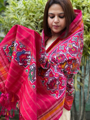 Pink Handwoven Ikat Dupatta in Pure Silk