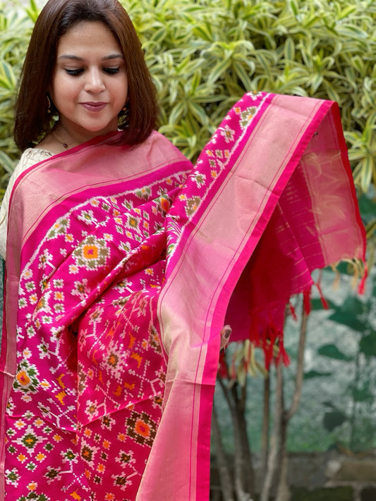 Pink Handwoven Ikat Dupatta in Pure Silk