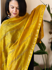 Yellow Handwoven Muga Silk dupattas with Thread Embroidery