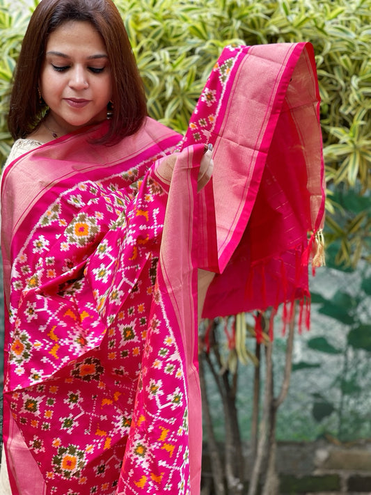 Pink Handwoven Ikat Dupatta in Pure Silk