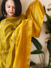 Yellow Handwoven Muga Silk dupattas with Thread Embroidery