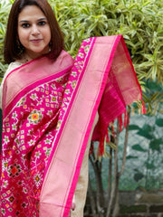 Pink Handwoven Ikat Dupatta in Pure Silk