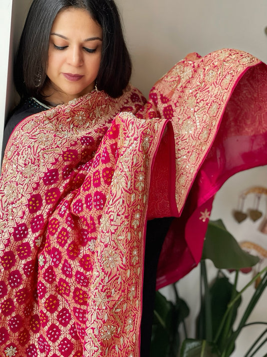 Pink Handwoven NeemZari Bareek Bandhani with Dabka Handwork in Pure Georgette