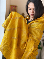 Yellow Handwoven Muga Silk dupattas with Thread Embroidery