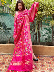 Pink Handwoven Ikat Dupatta in Pure Silk