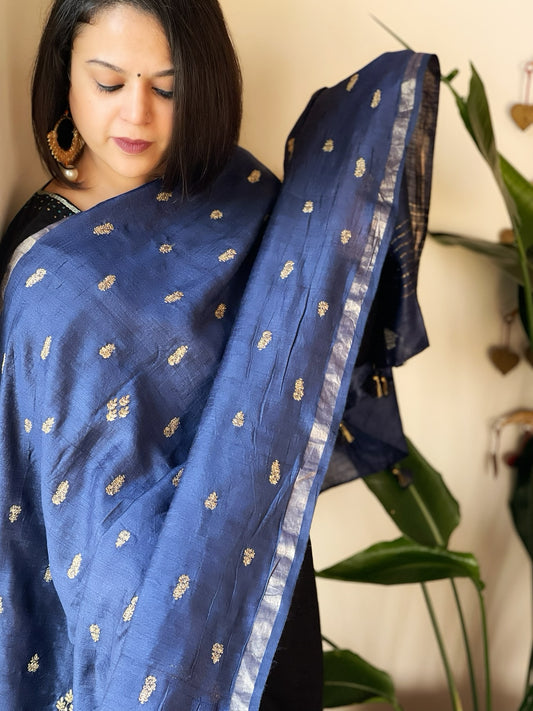 Blue Handwoven Muga Silk dupattas with Thread Embroidery