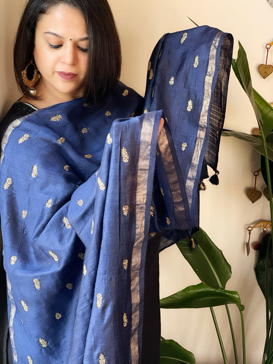 Blue Handwoven Muga Silk dupattas with Thread Embroidery