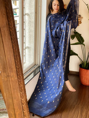 Blue Handwoven Muga Silk dupattas with Thread Embroidery