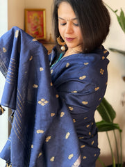 Blue Handwoven Muga Silk dupattas with Thread Embroidery