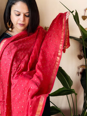 Red Handwoven Muga Silk dupattas with Thread Embroidery