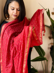 Red Handwoven Muga Silk dupattas with Thread Embroidery