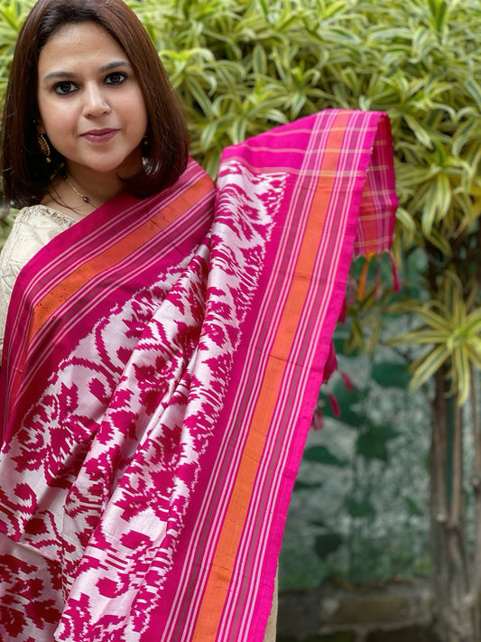 Lite Pink Handwoven Ikat Dupatta in Pure Silk
