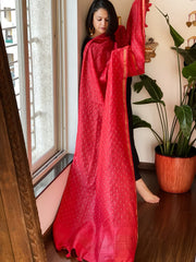 Red Handwoven Muga Silk dupattas with Thread Embroidery