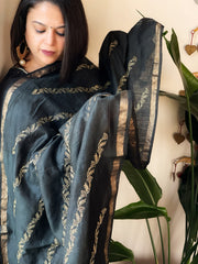 Green Handwoven Muga Silk dupattas with Thread Embroidery