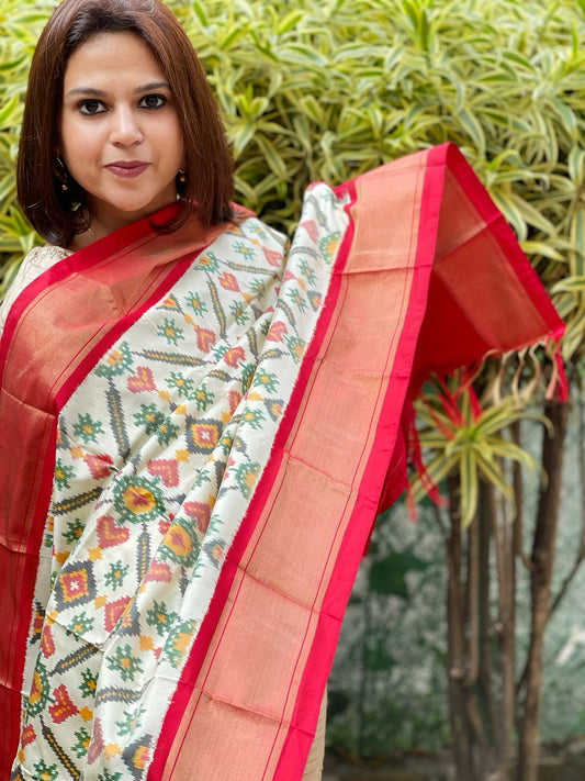 Ivory Handwoven Ikat Dupatta in Pure Silk