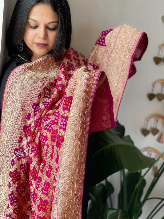 Pink with Wine Handwoven NeemZari Bareek Bandhani with Dabka Handwork in Pure Georgette