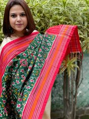 Green Handwoven Ikat Dupatta in Pure Silk