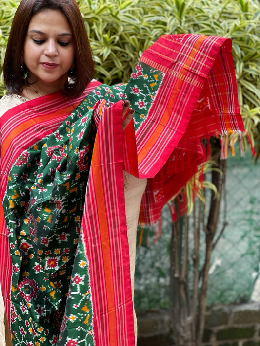 Green Handwoven Ikat Dupatta in Pure Silk