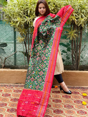Green Handwoven Ikat Dupatta in Pure Silk