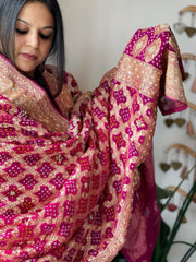 Pink with Wine Handwoven NeemZari Bareek Bandhani with Dabka Handwork in Pure Georgette