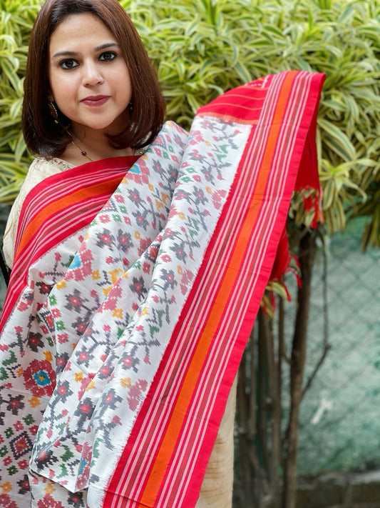 Ivory Handwoven Ikat Dupatta in Pure Silk