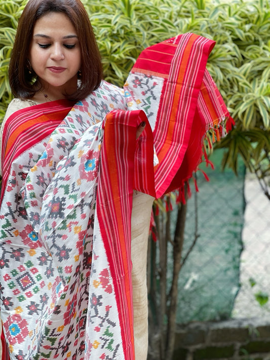 Ivory Handwoven Ikat Dupatta in Pure Silk