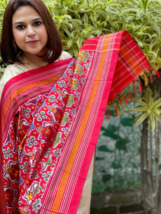 Red Handwoven Ikat Dupatta in Pure Silk