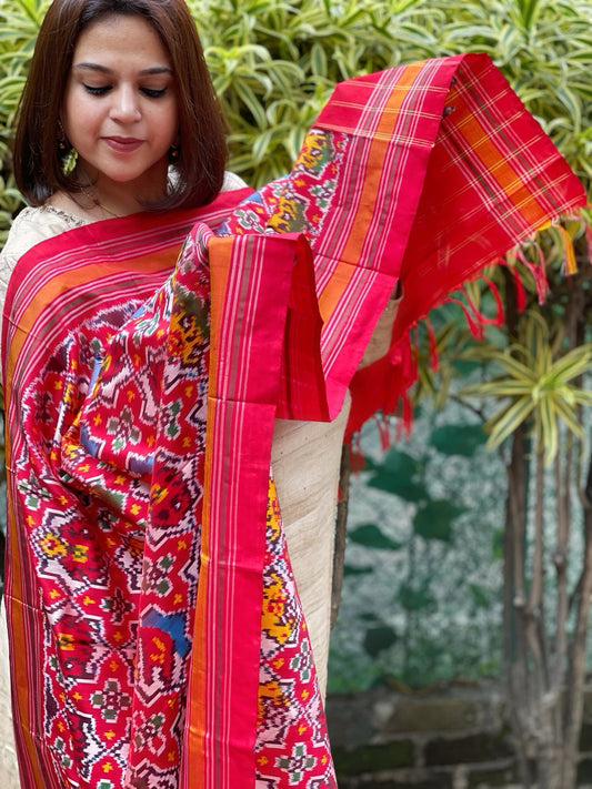 Red Handwoven Ikat Dupatta in Pure Silk