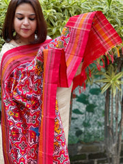 Red Handwoven Ikat Dupatta in Pure Silk